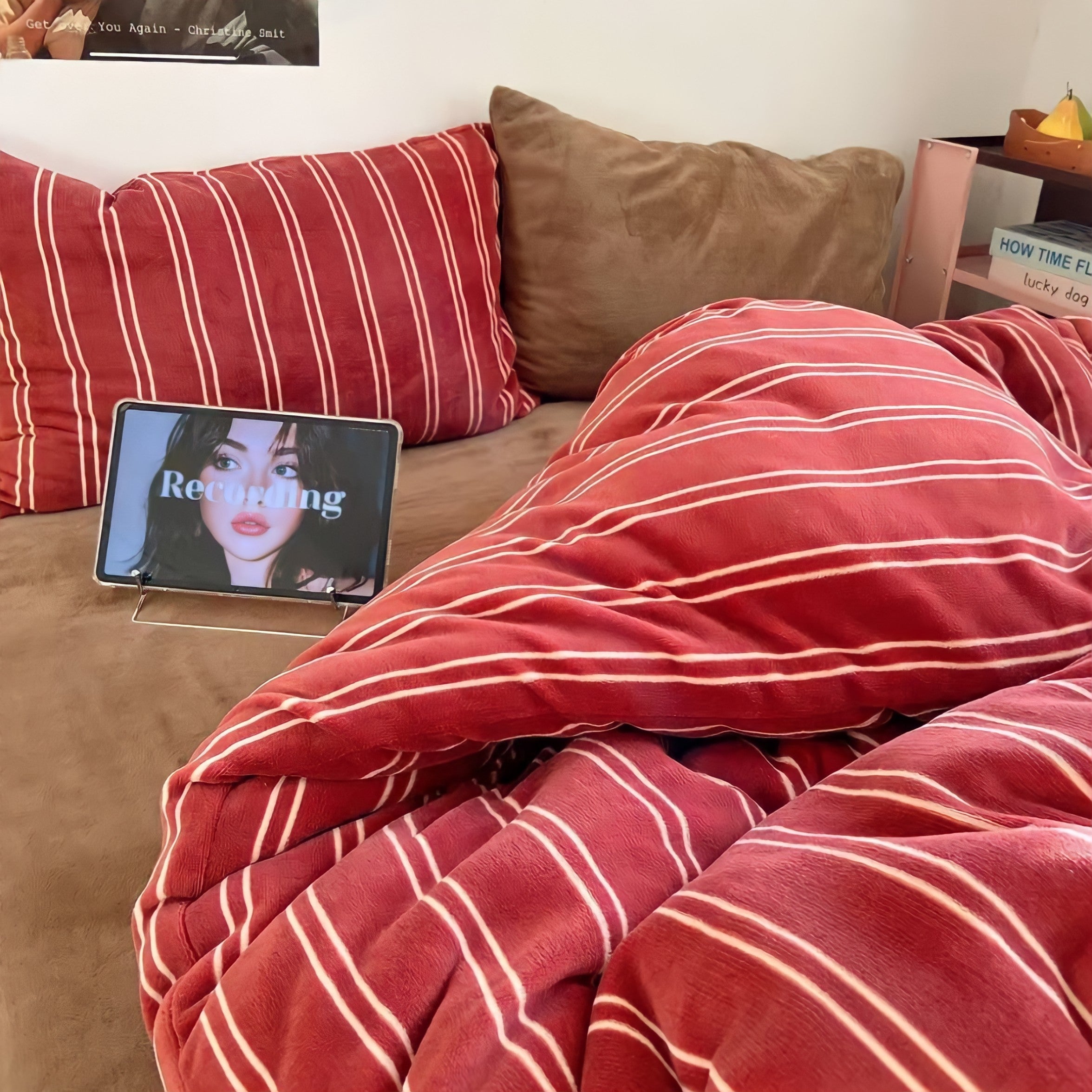 Striped Milk Fleece Bedding Set, Red Brown