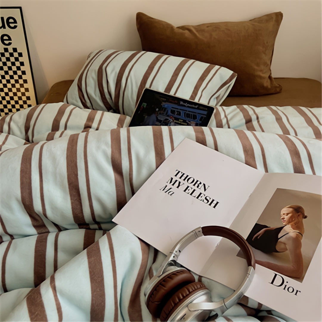 Striped Milk Fleece Bedding Set, Mint