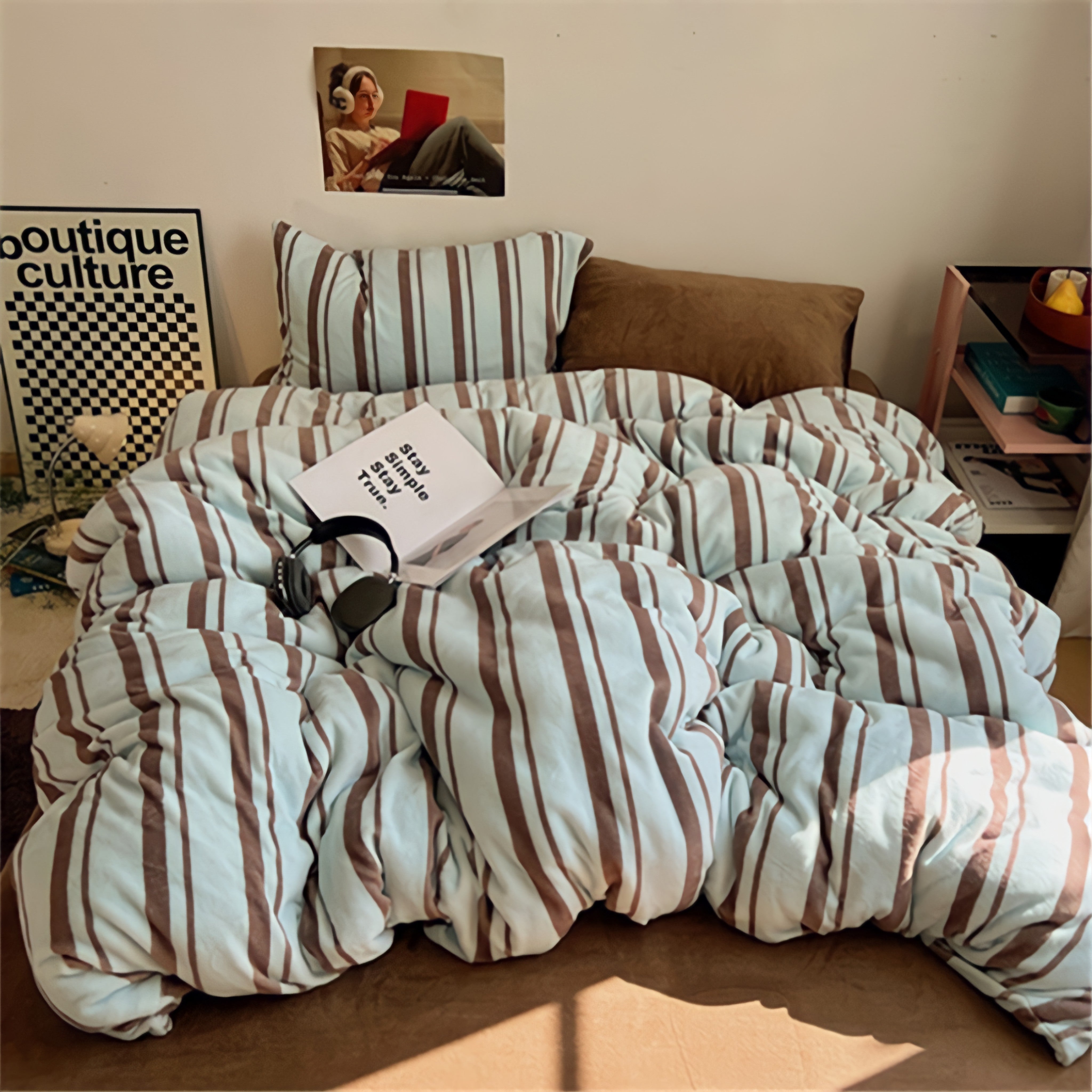 Striped Milk Fleece Bedding Set, Mint