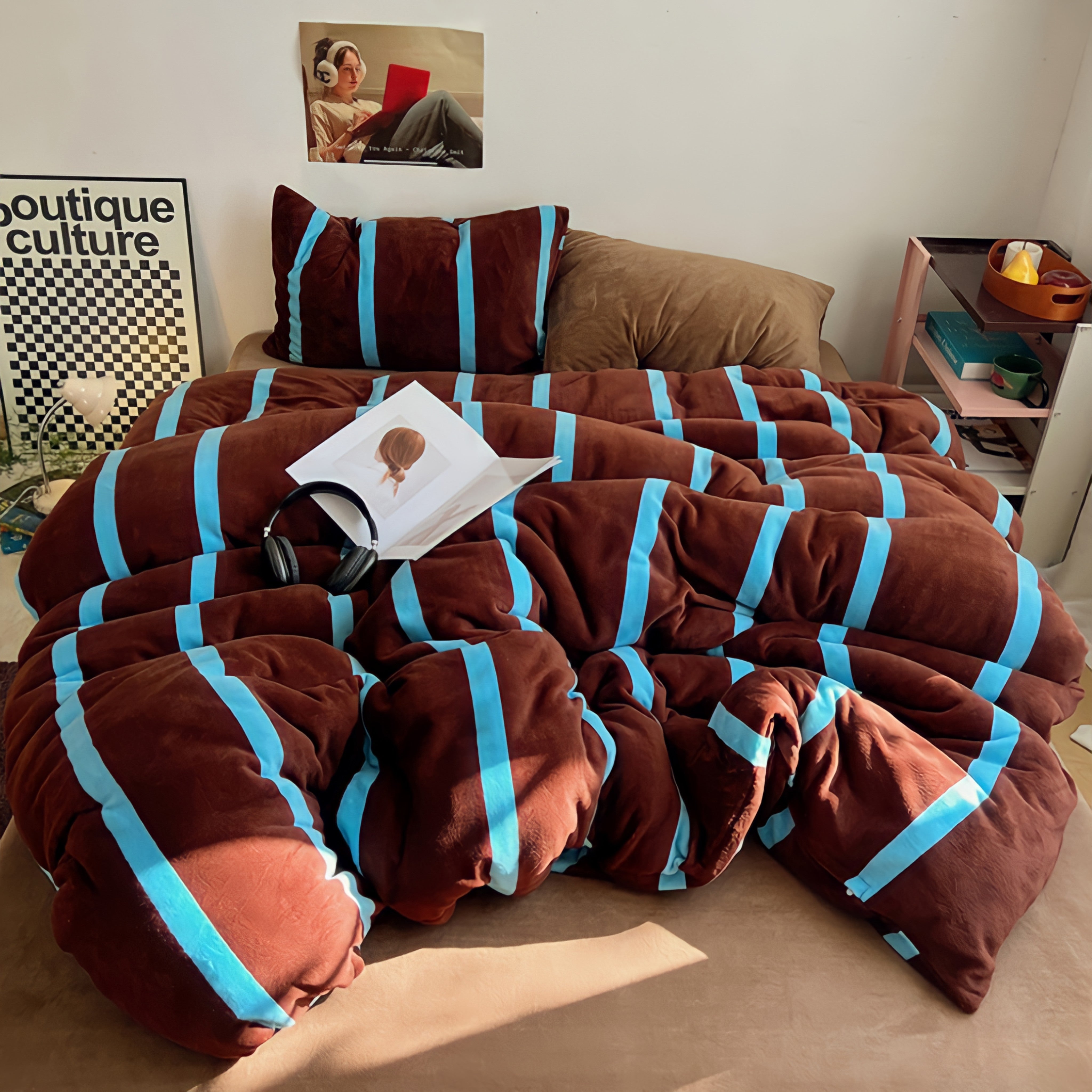 Striped Milk Fleece Bedding Set, Caramel
