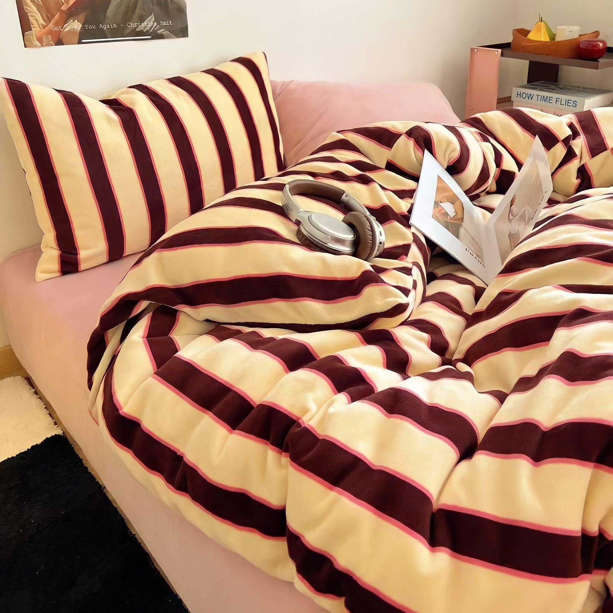 Striped Milk Fleece Bedding Set, Raspberry