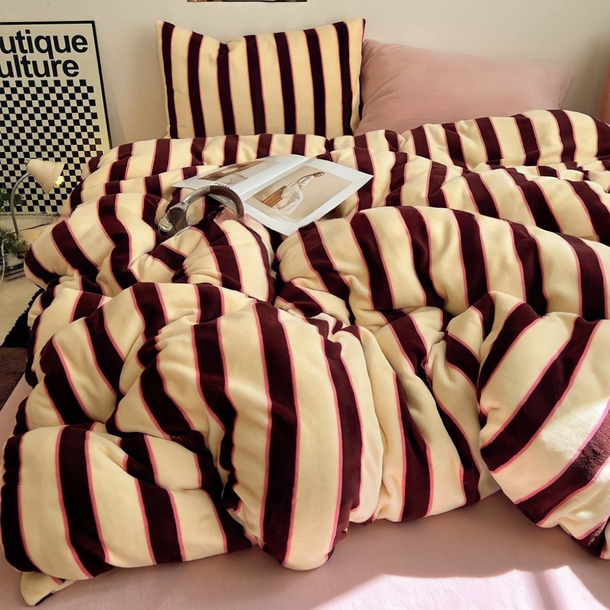Striped Milk Fleece Bedding Set, Raspberry