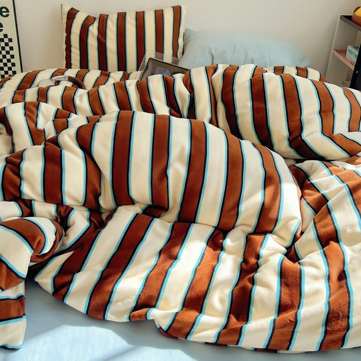 Striped Milk Fleece Bedding Set Blue Brown