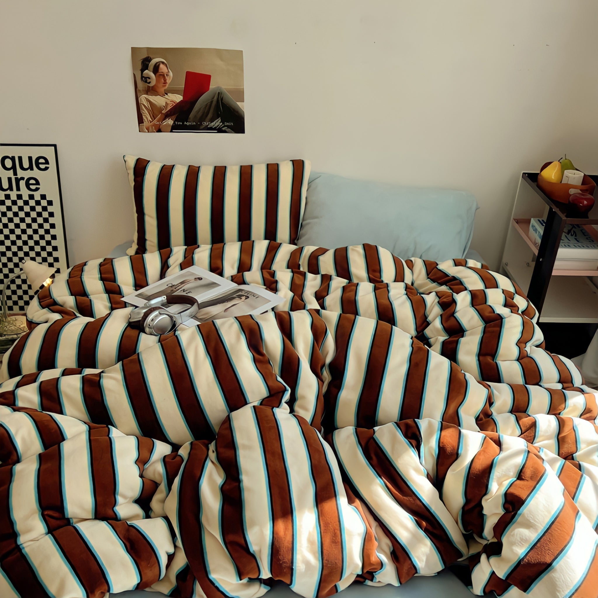 Striped Milk Fleece Bedding Set Blue Brown