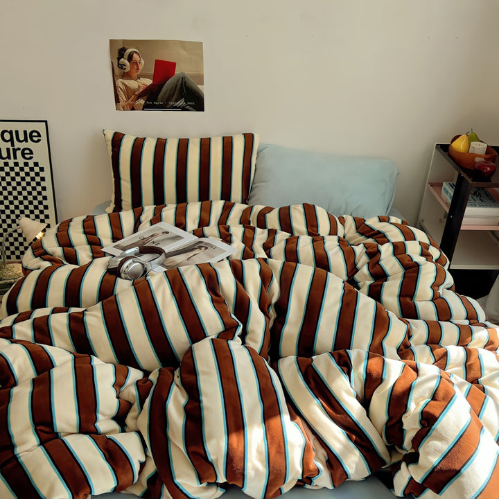 Striped Milk Fleece Bedding Set Blue Brown