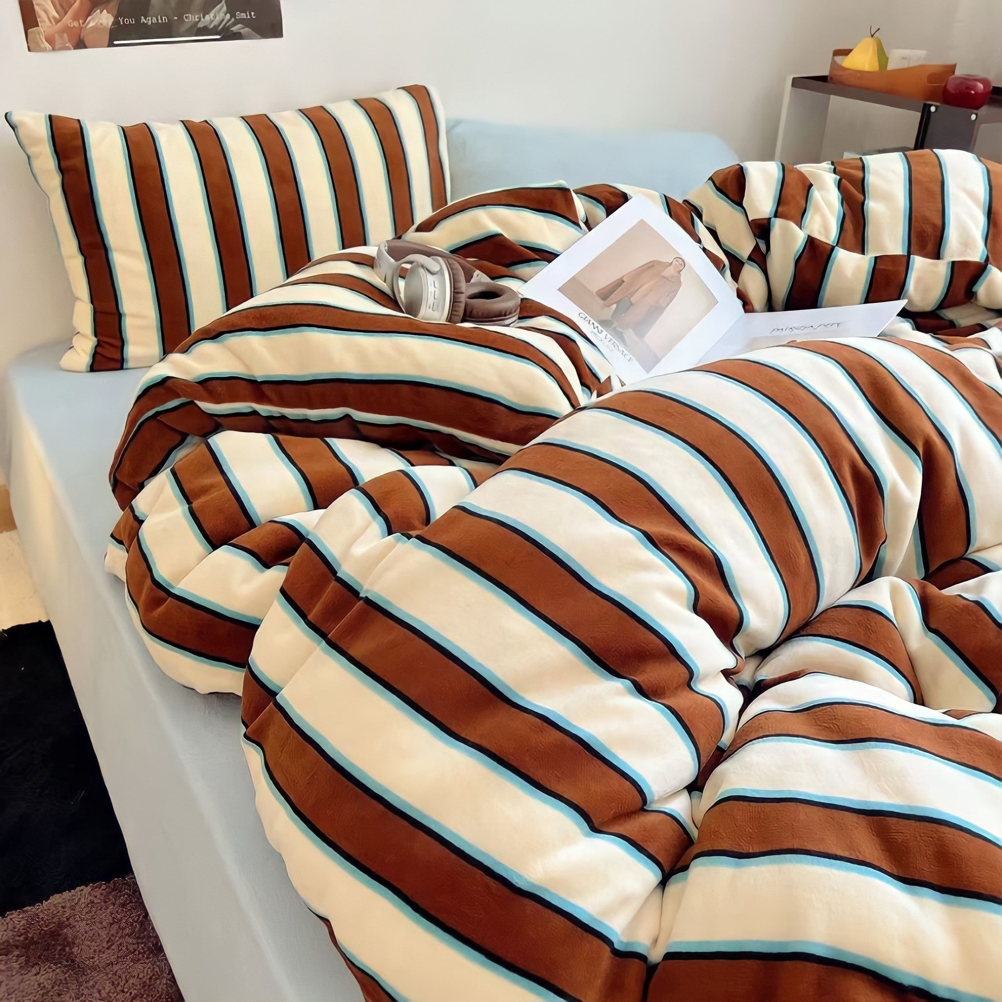 Striped Milk Fleece Bedding Set Blue Brown