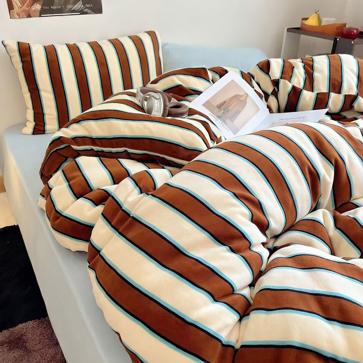 Striped Milk Fleece Bedding Set Blue Brown