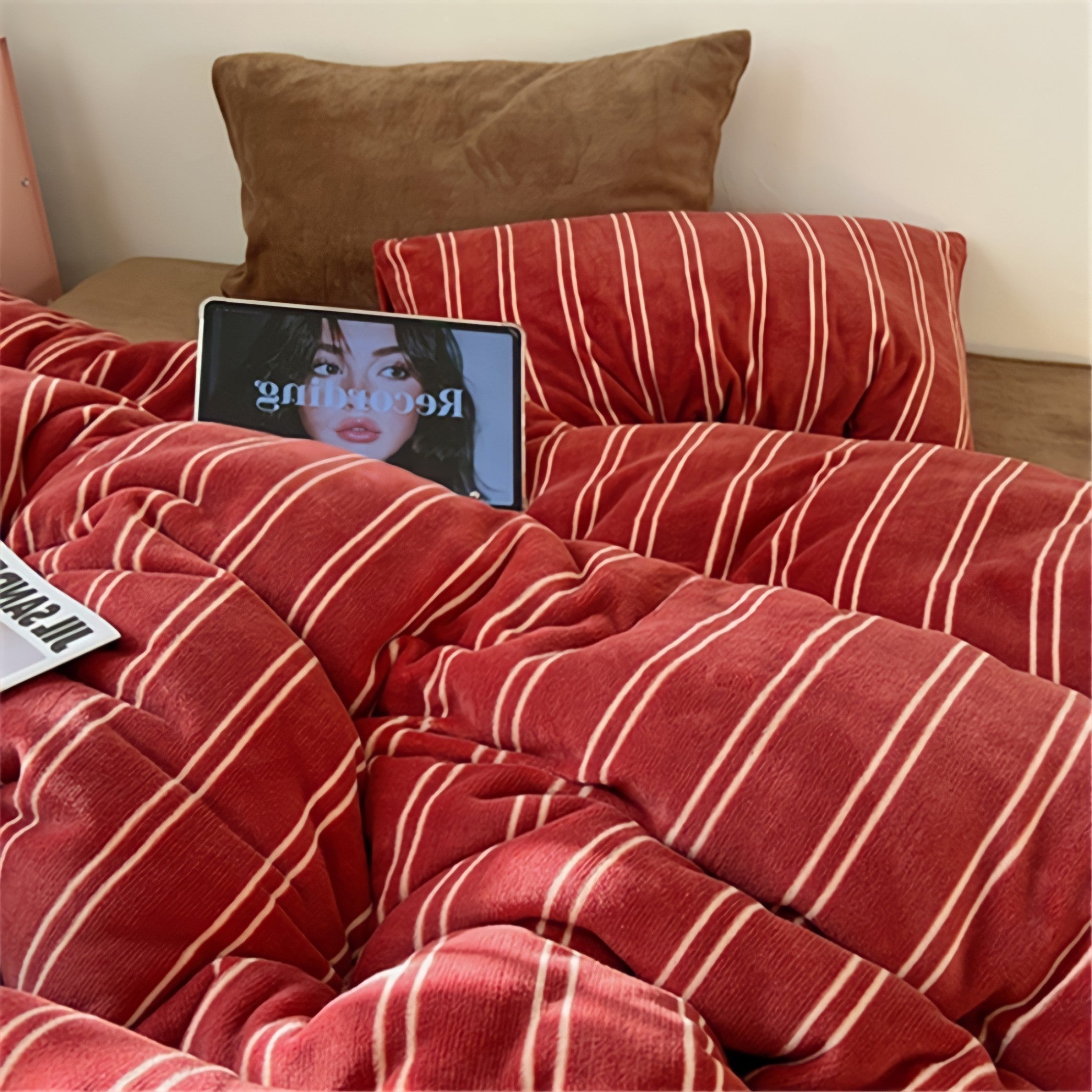 Striped Milk Fleece Bedding Set, Red Brown