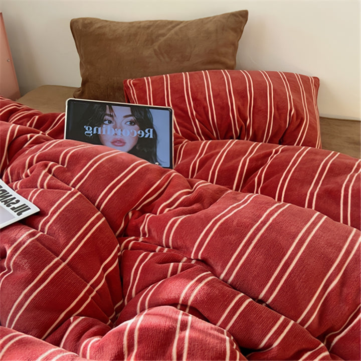 ストライプミルクフリース寝具セット レッドブラウン