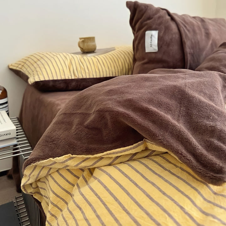 レトロストライプフリース寝具セット イエローコーヒー