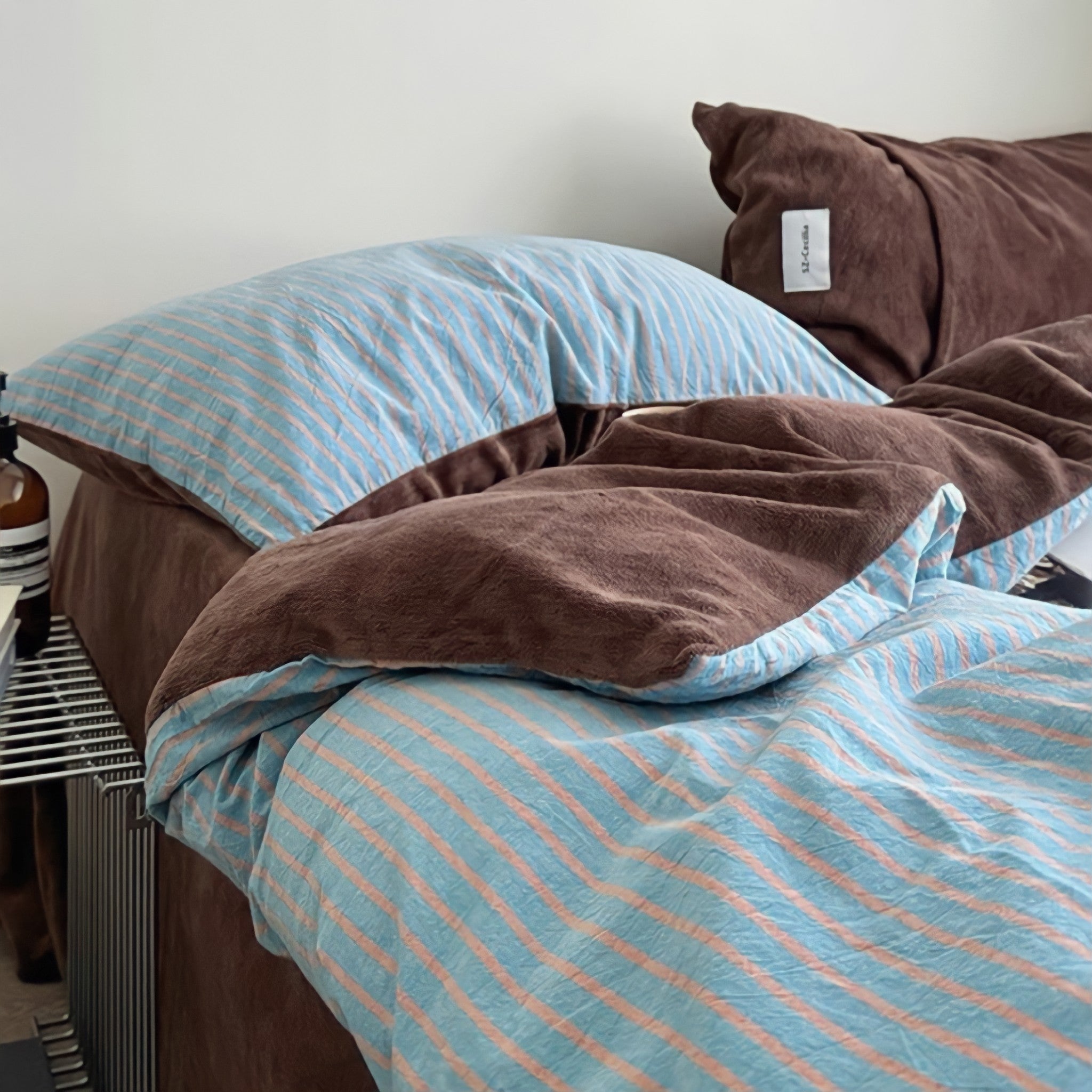 Retro Striped Fleece Bedding Set in Blue Coffee