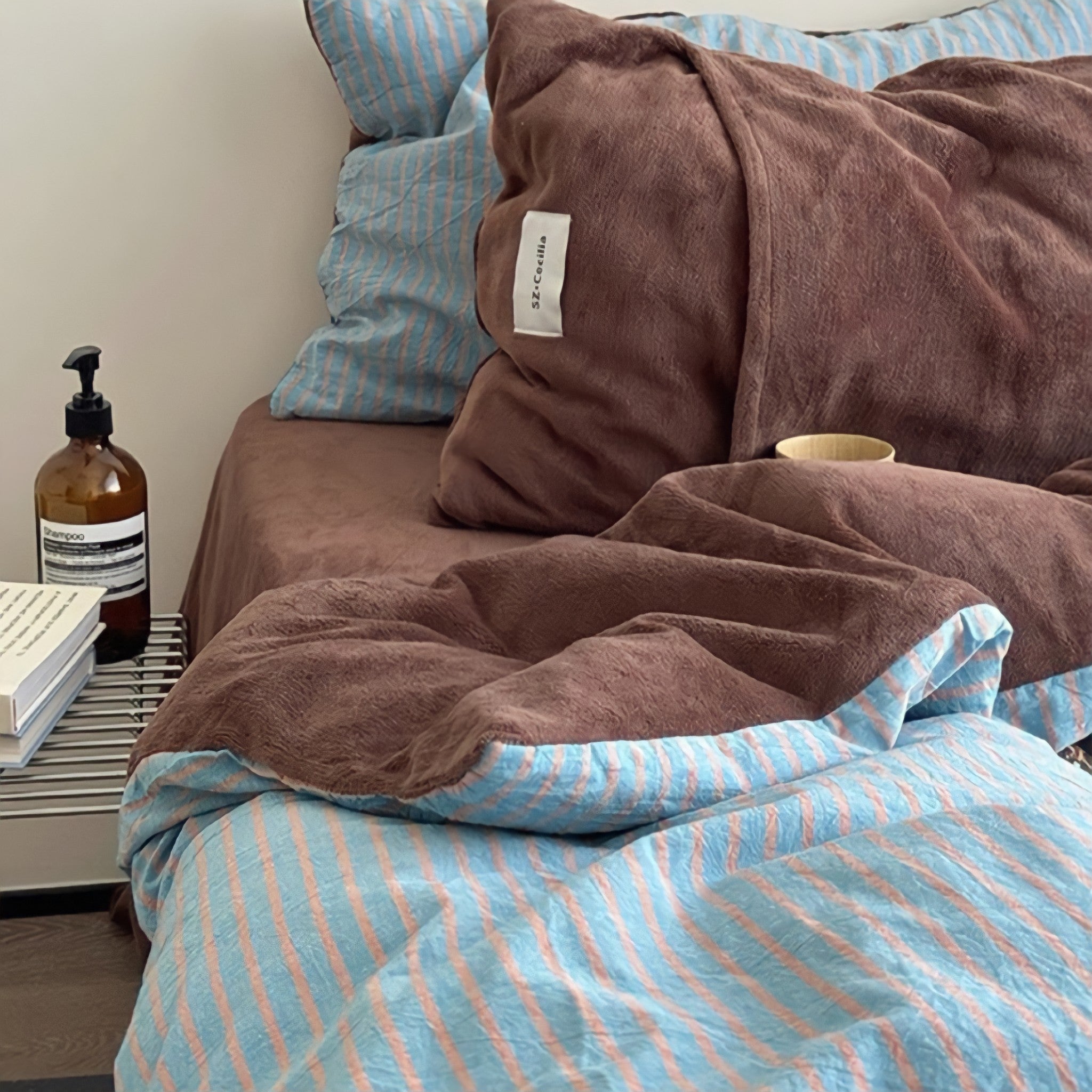 Retro Striped Fleece Bedding Set in Blue Coffee
