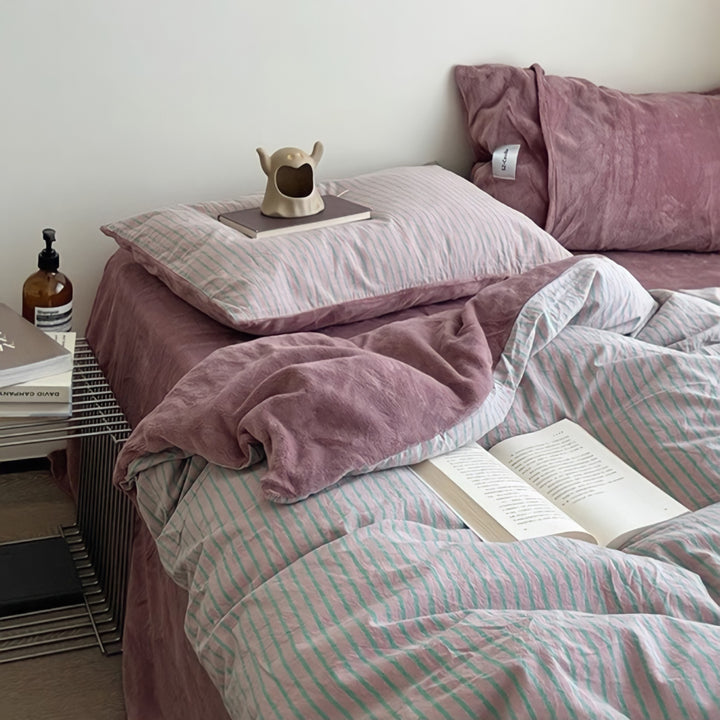 レトロストライプフリース寝具セット ピンクパープル