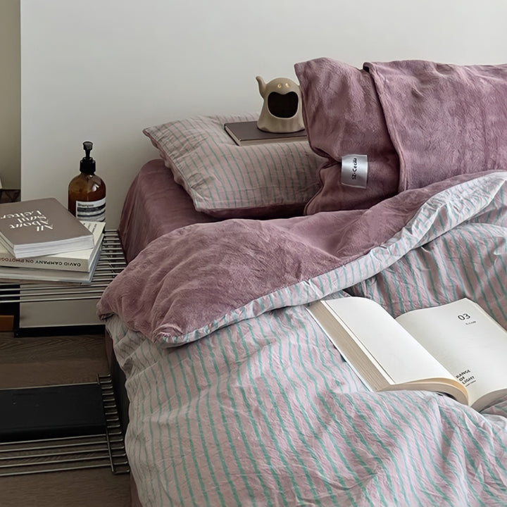 レトロストライプフリース寝具セット ピンクパープル
