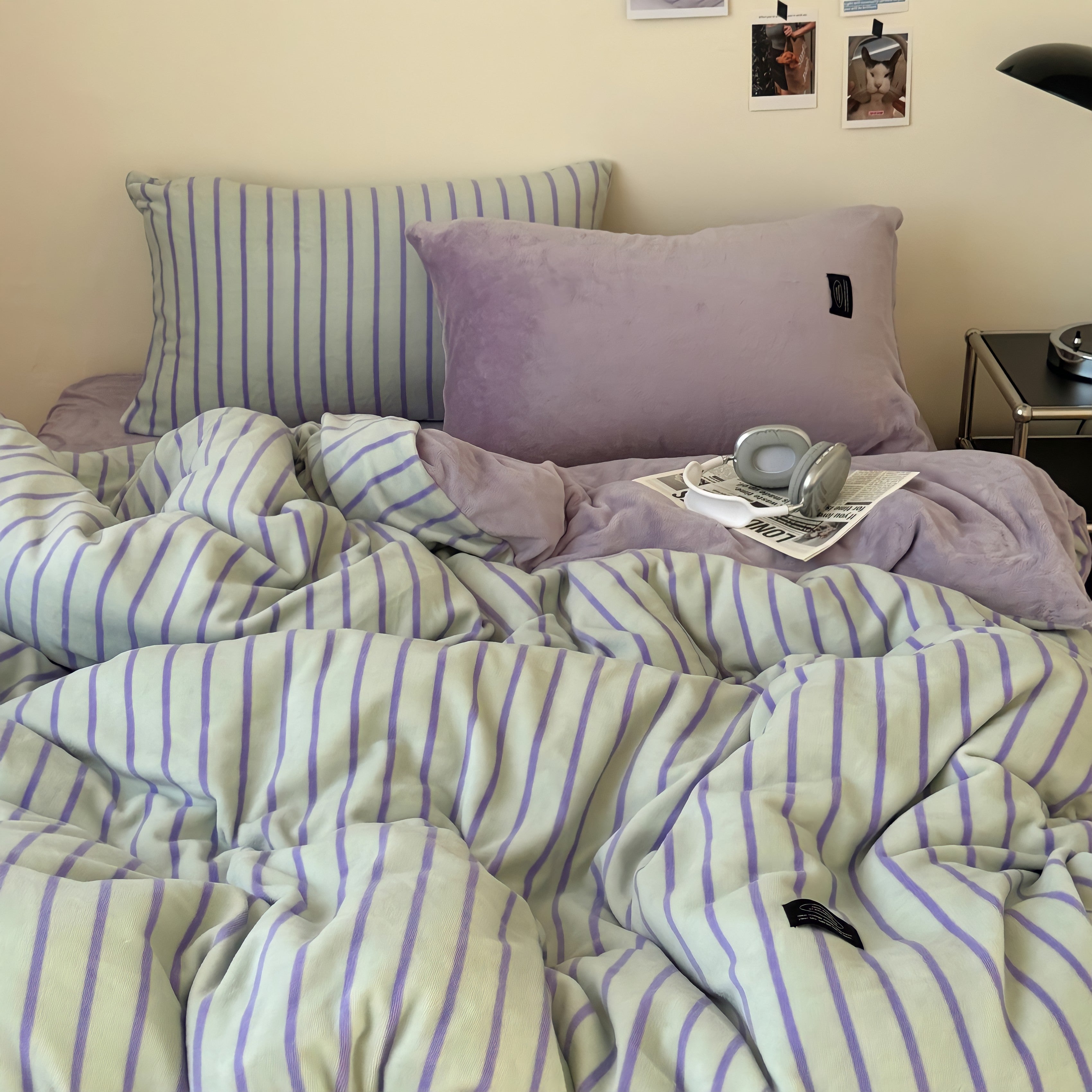 Pinstripe Fleece Bedding Set, Green