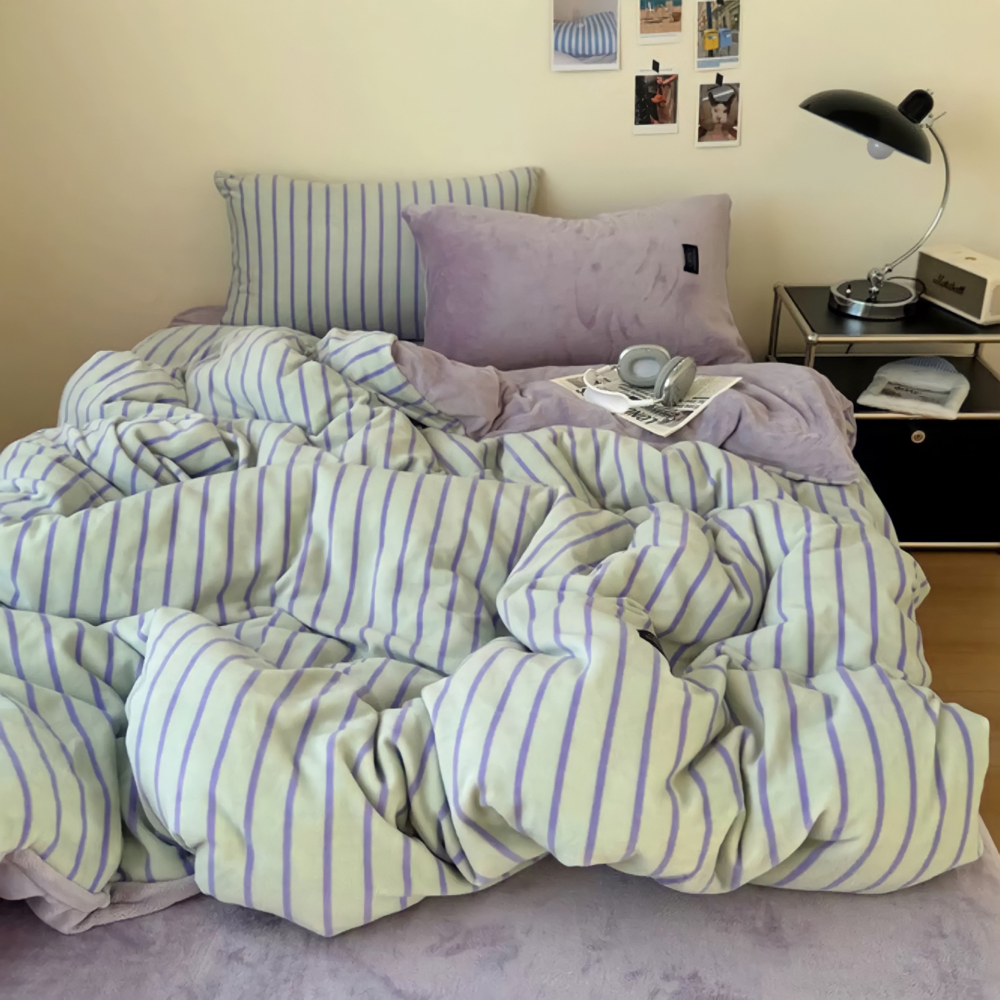 Pinstripe Fleece Bedding Set, Green