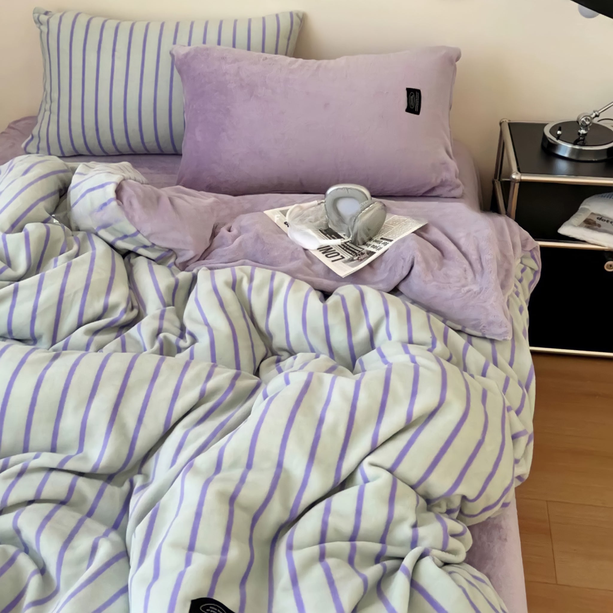 Pinstripe Fleece Bedding Set, Green