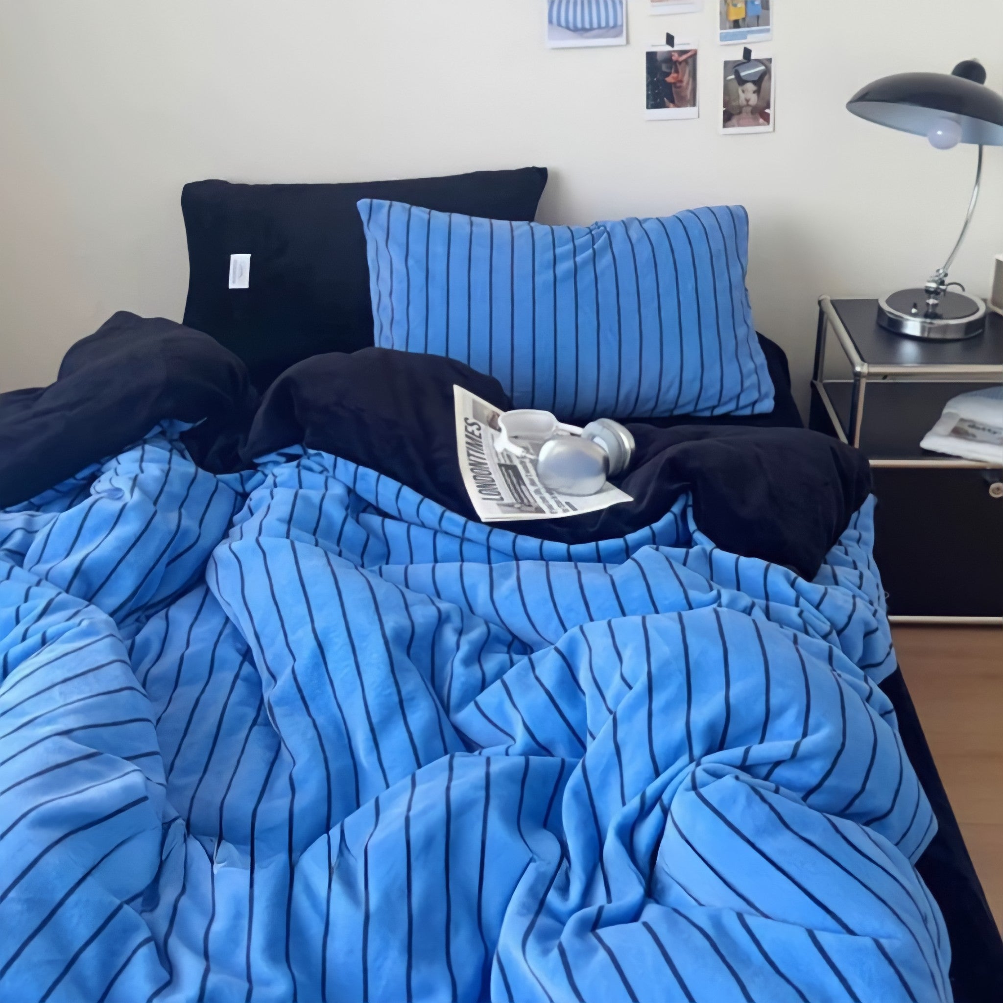 Pinstripe Fleece Bedding Set, Blue