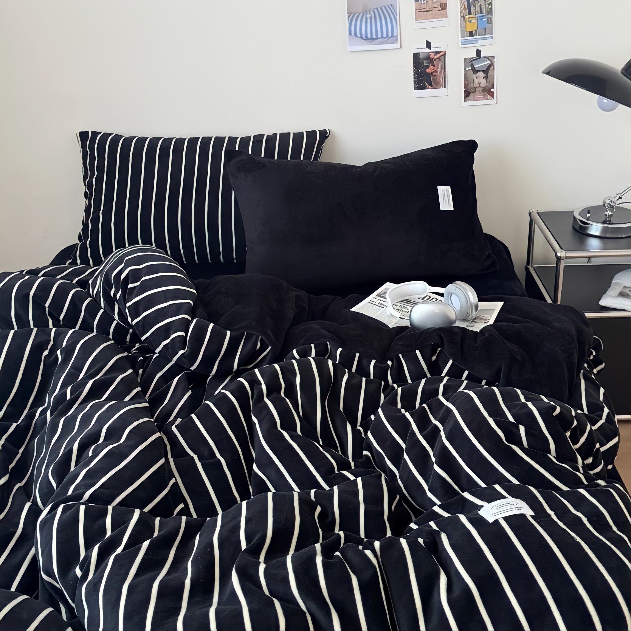 Pinstripe Fleece Bedding Set, Black
