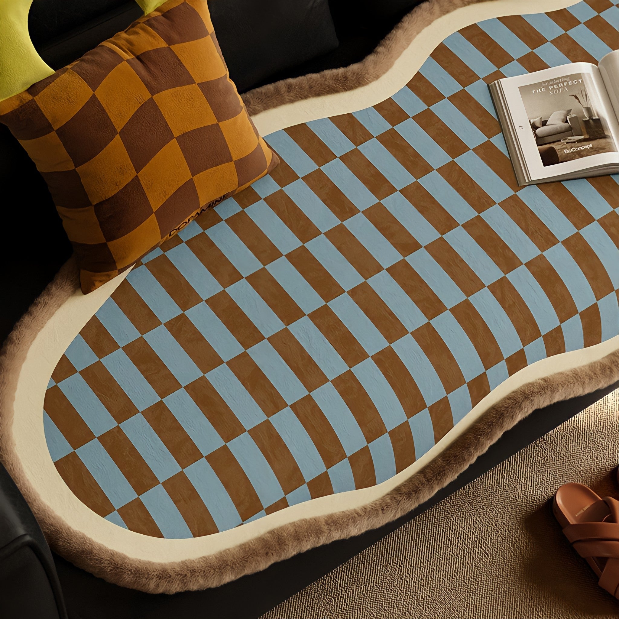 Block Check Suede-Like Seat Cushion, Ivory