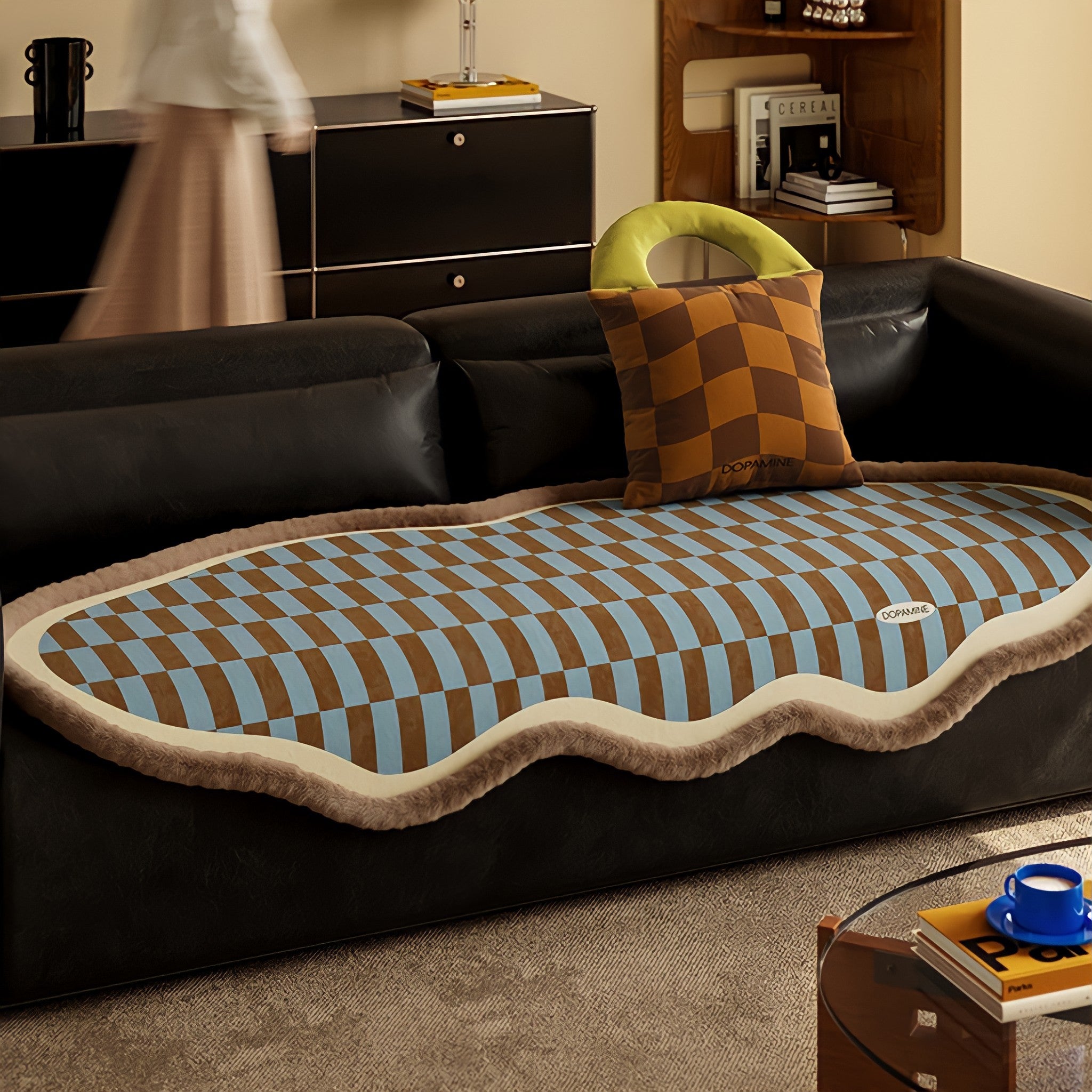 Block Check Suede-Like Seat Cushion, Ivory