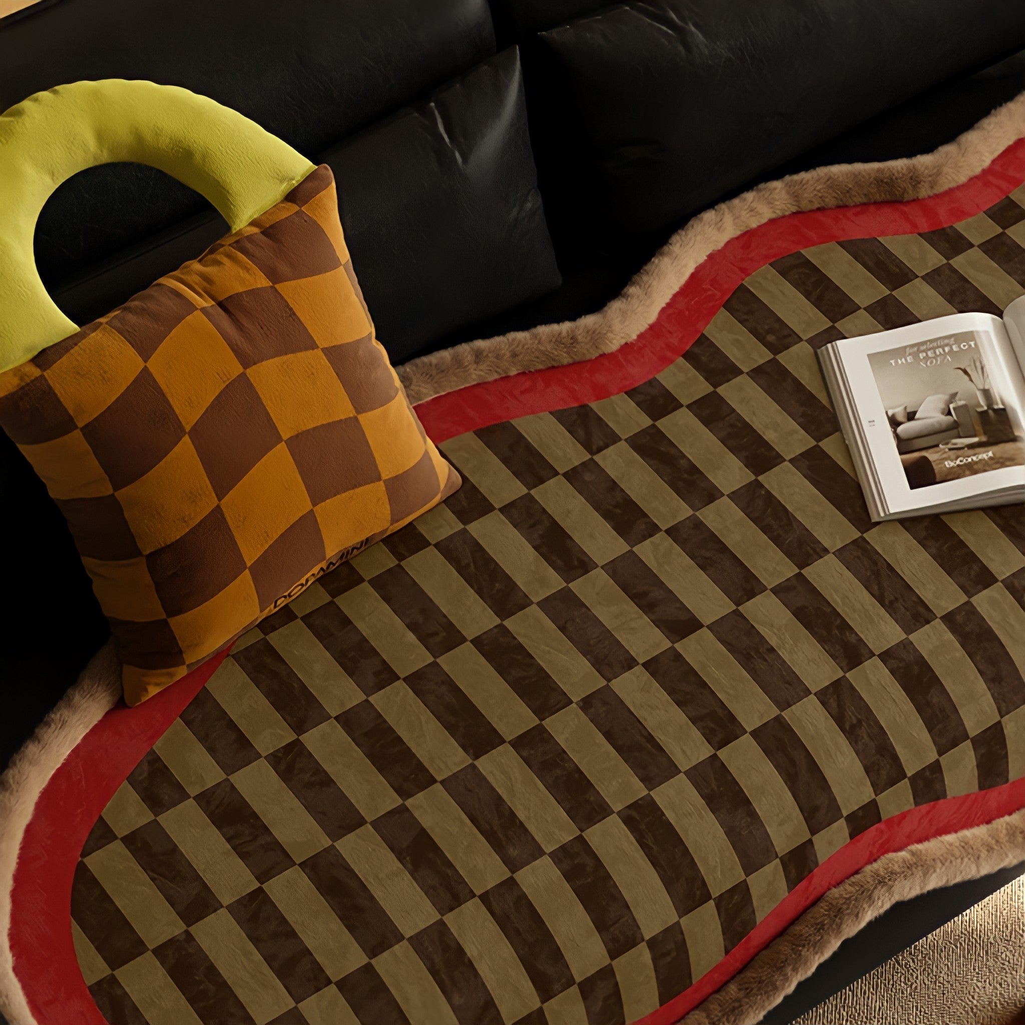 Block Check Suede-Like Seat Cushion, Red