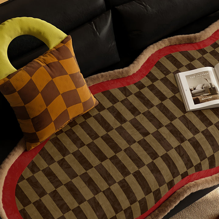 ブロックチェックスエードライクシートクッション レッド