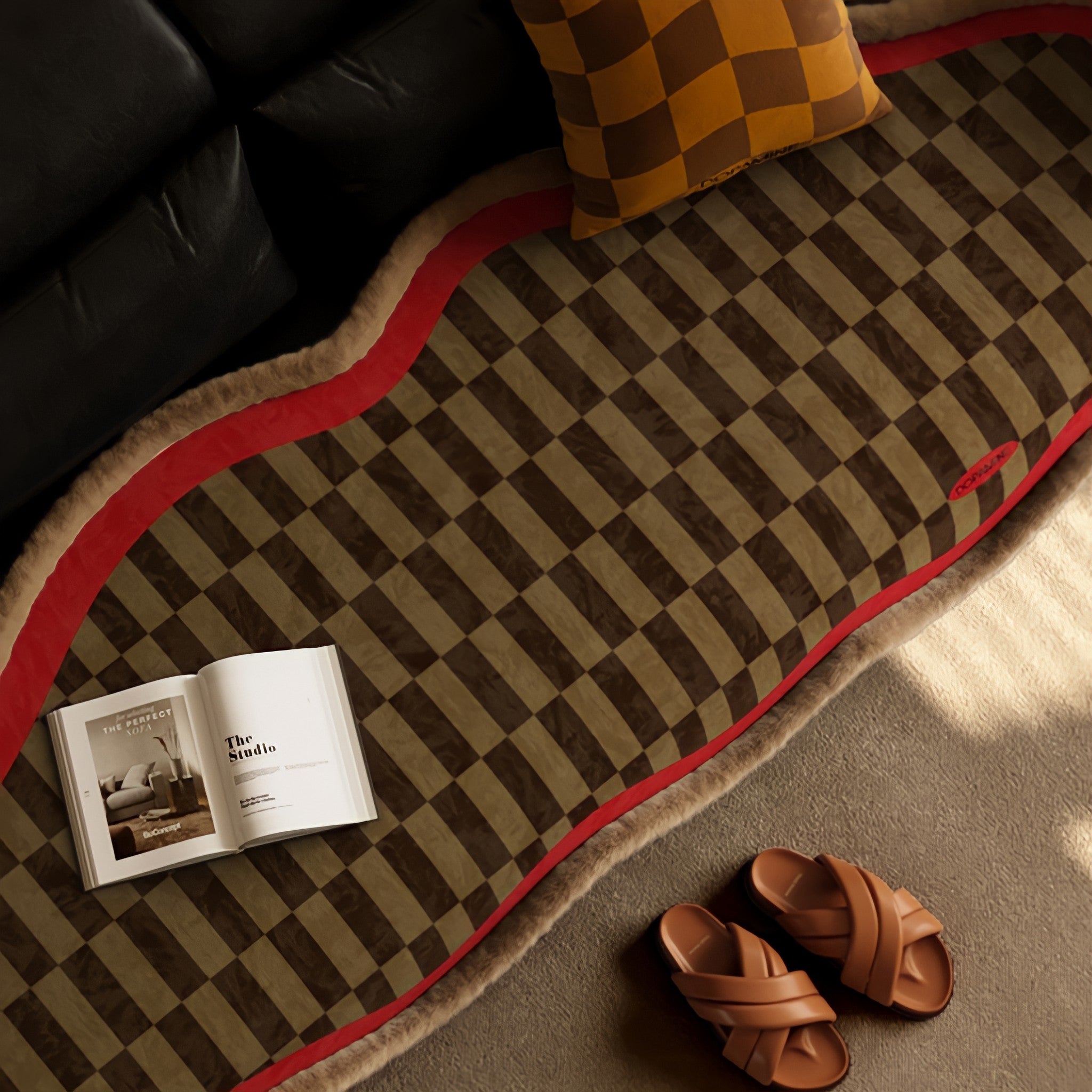 Block Check Suede-Like Seat Cushion, Red