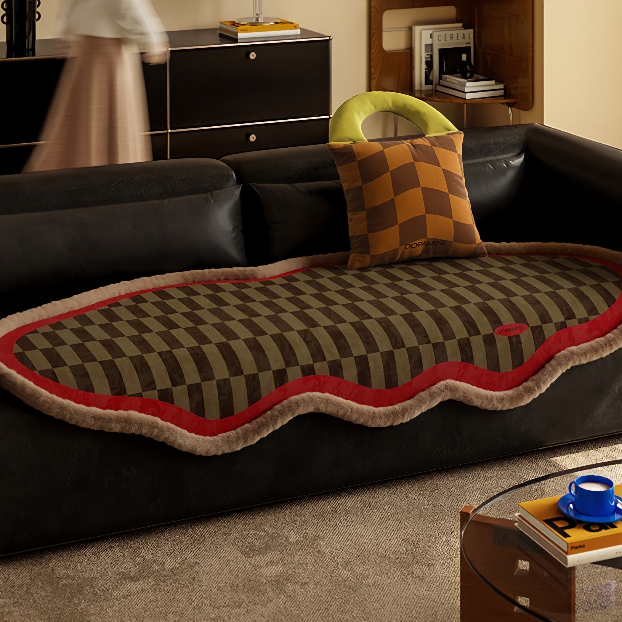 Block Check Suede-Like Seat Cushion, Red