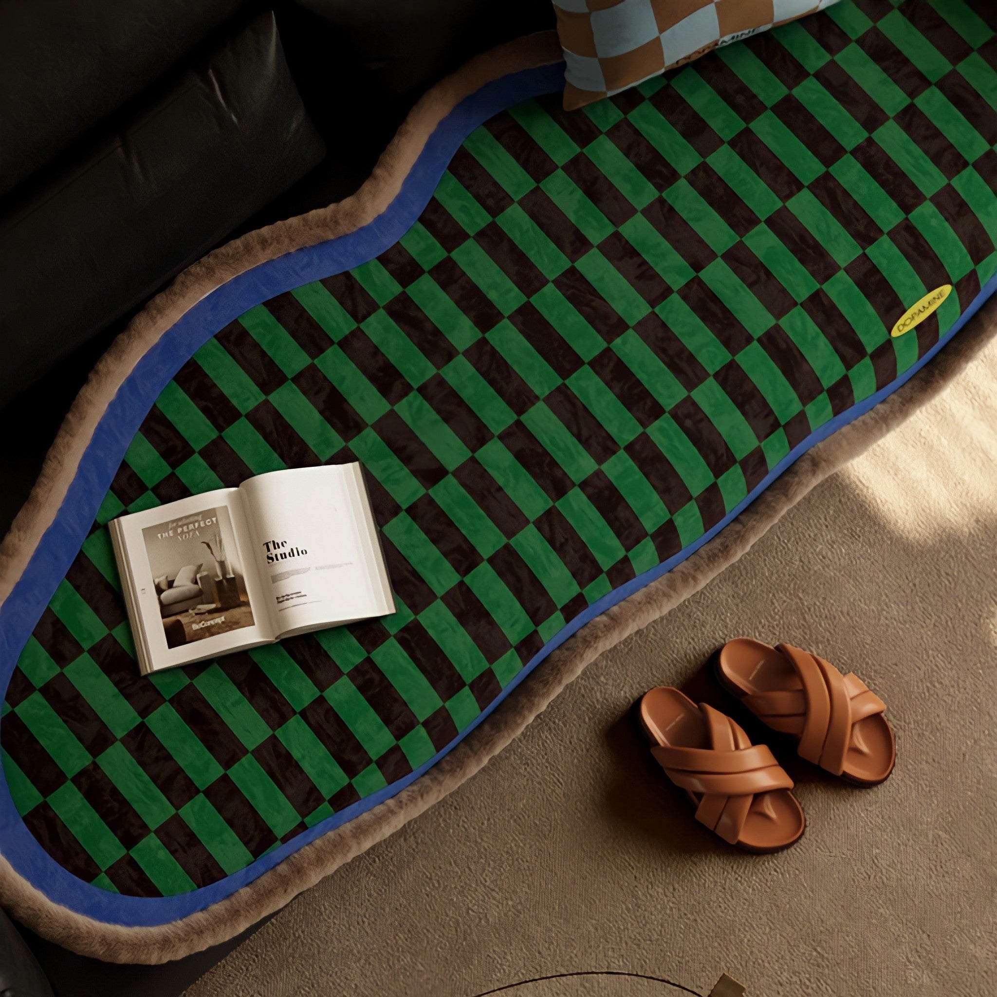 Block Check Suede-Like Seat Cushion, Blue