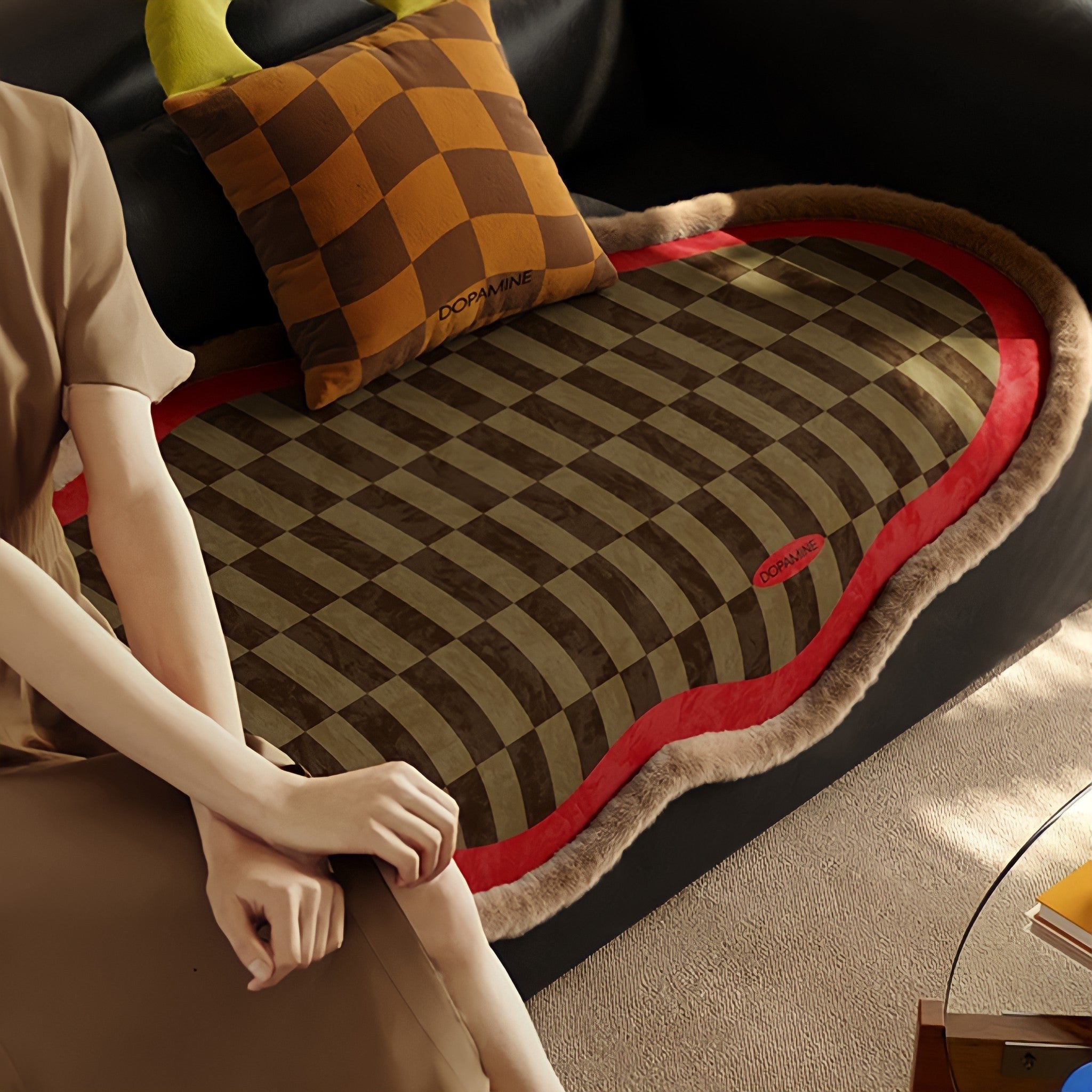 Block Check Suede-Like Seat Cushion, Red