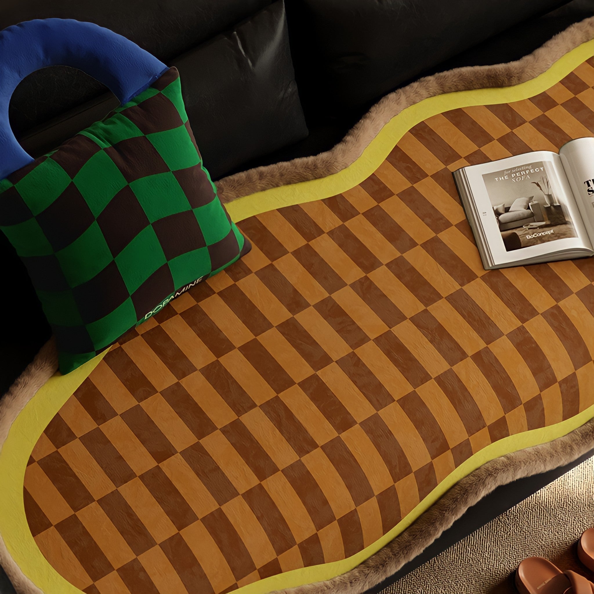 Block Check Suede-Like Seat Cushion, Yellow