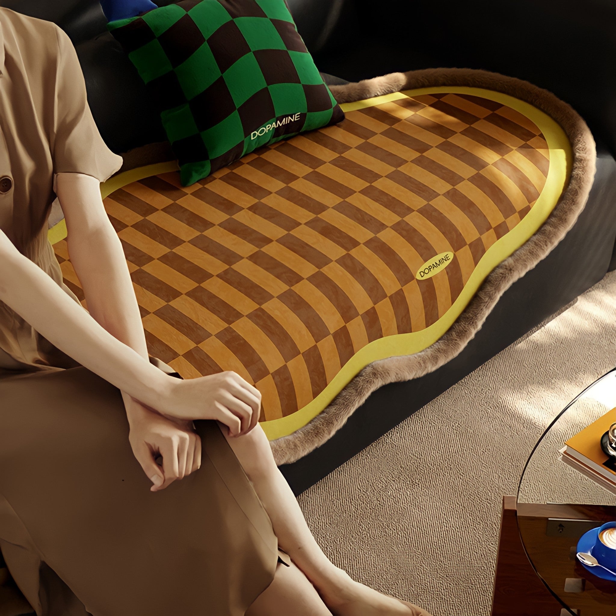 Block Check Suede-Like Seat Cushion, Yellow