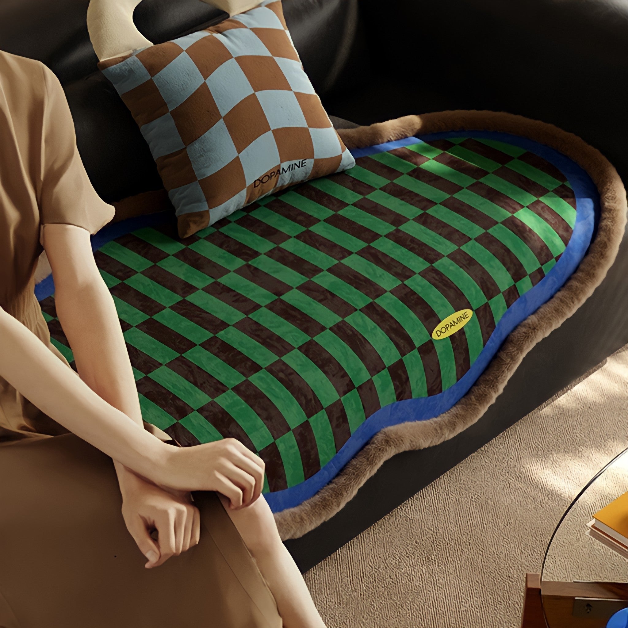 Block Check Suede-Like Seat Cushion, Blue