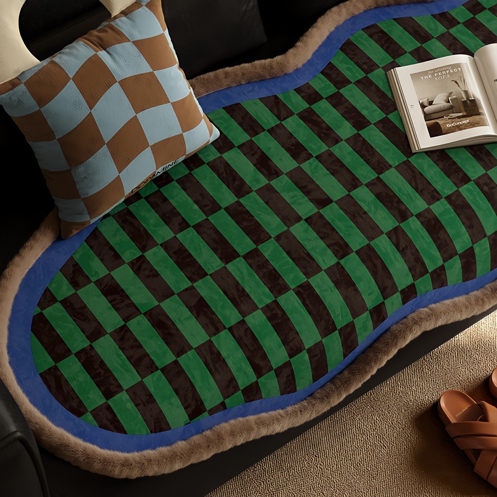 Block Check Suede-Like Seat Cushion, Blue