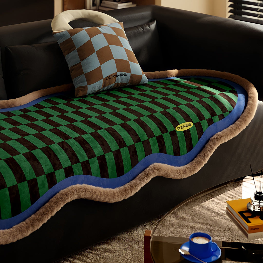 ブロックチェックスエードライクシートクッション ブルー