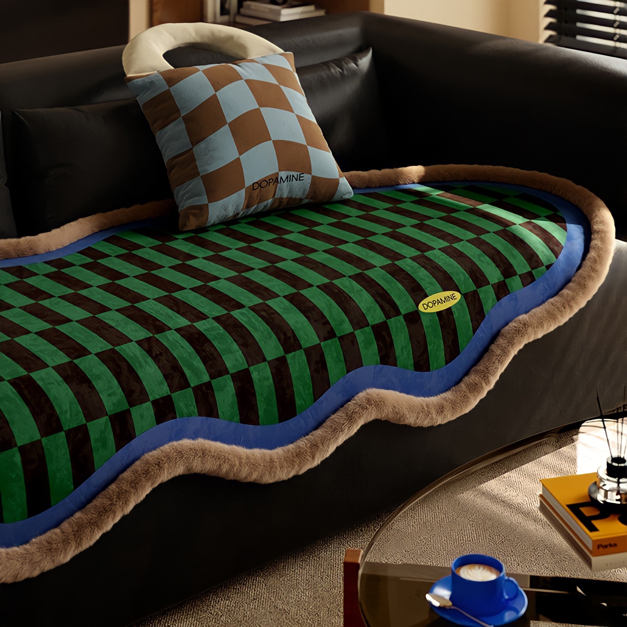 Block Check Suede-Like Seat Cushion, Blue