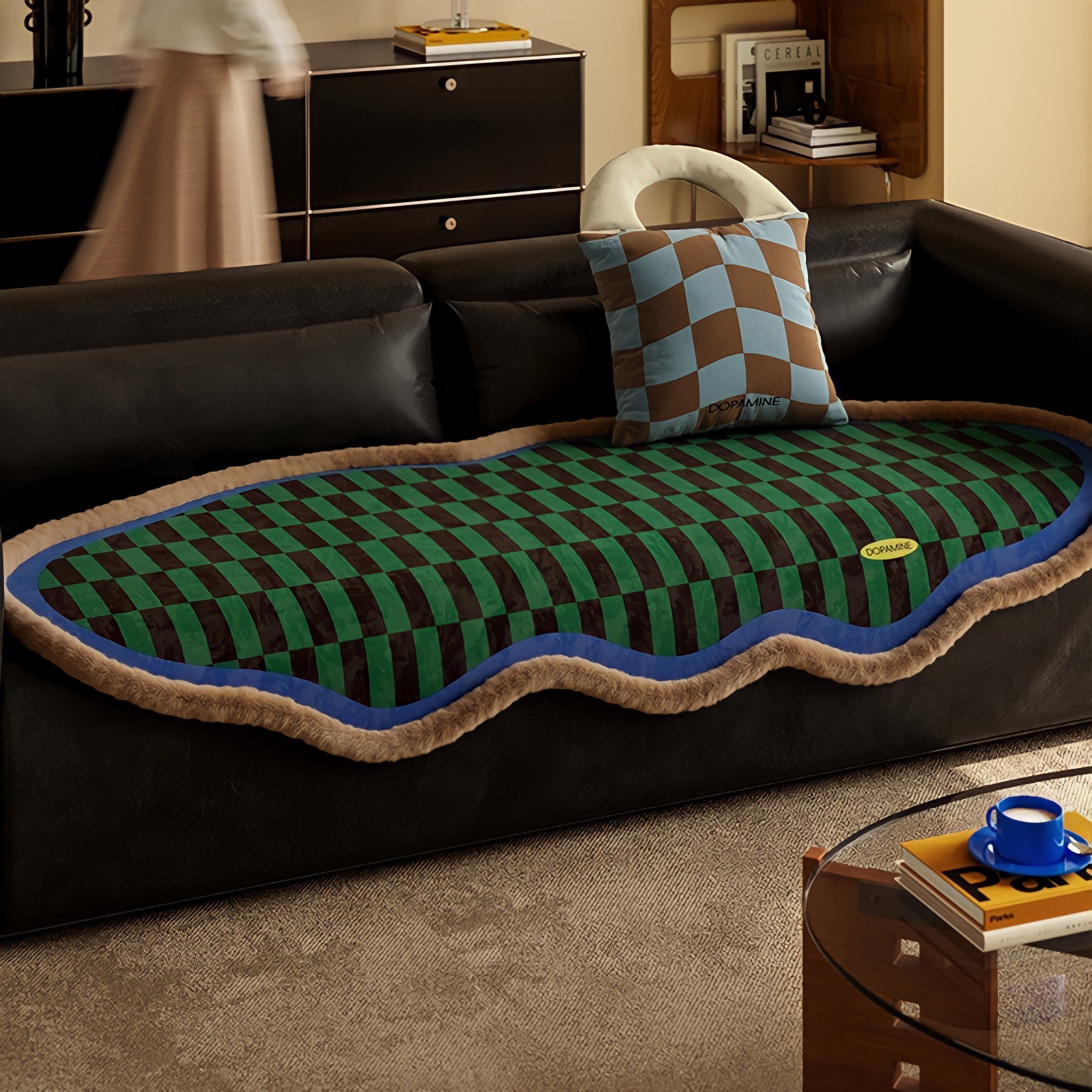 Block Check Suede-Like Seat Cushion, Blue