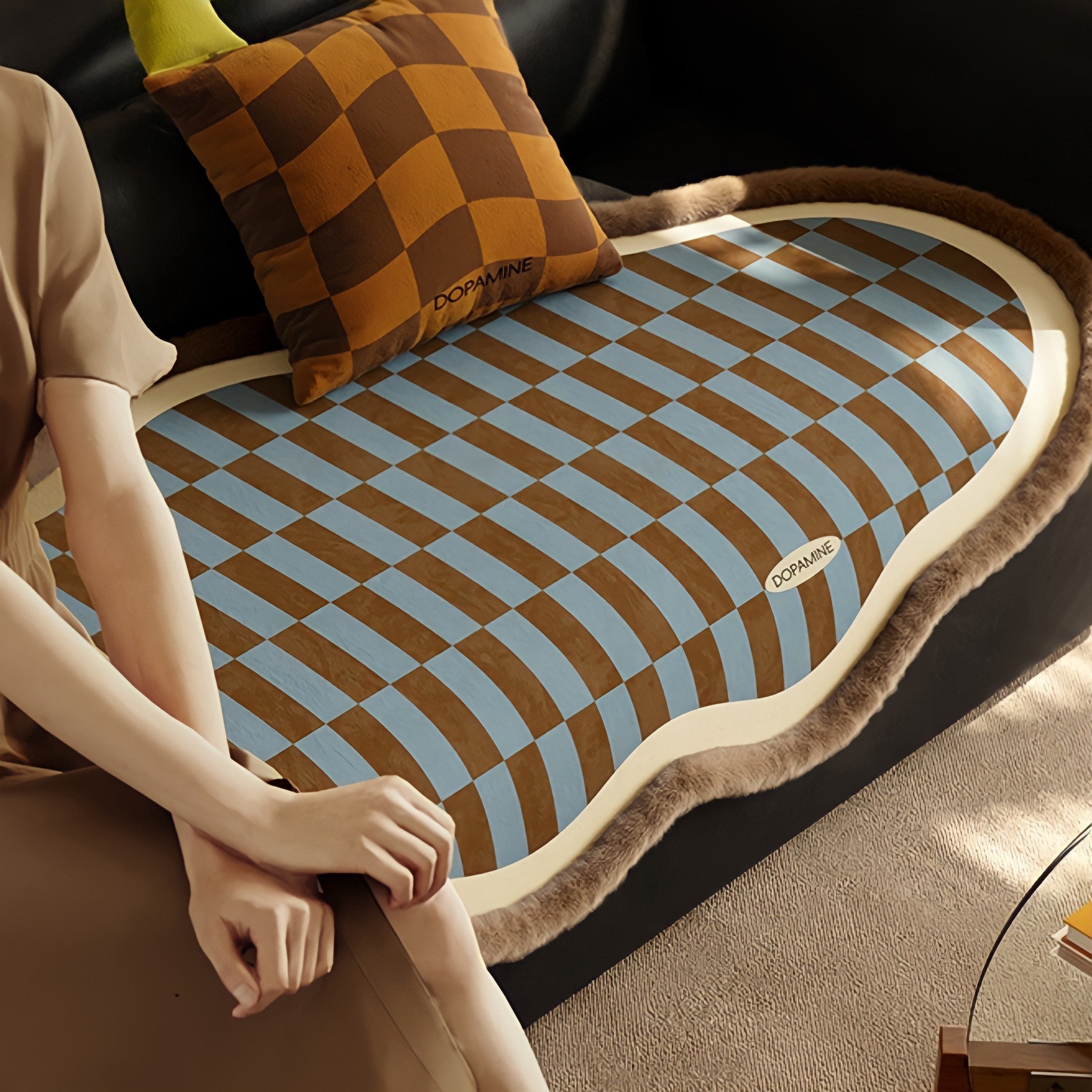 Block Check Suede-Like Seat Cushion, Ivory