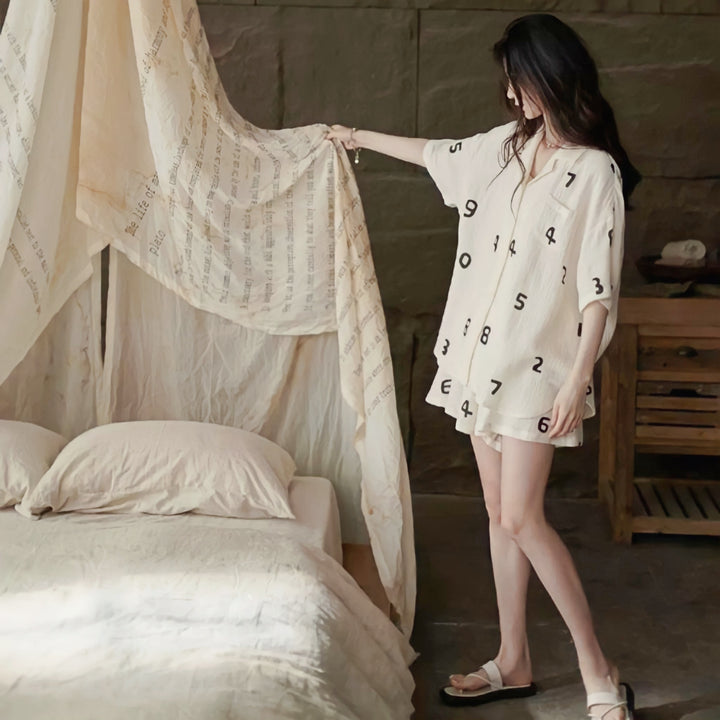 Number Print Cotton Gauze Pajamas 