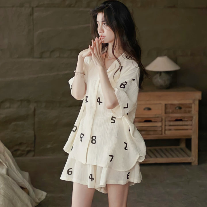 Number Print Cotton Gauze Pajamas 
