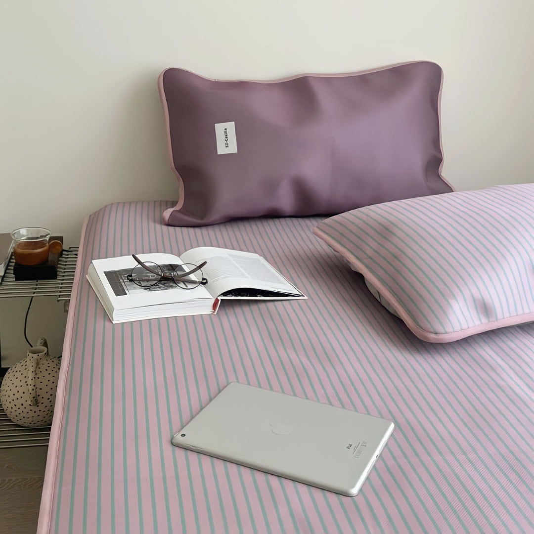 Soft Cool Ice Silk Stripe Mat Set Pink