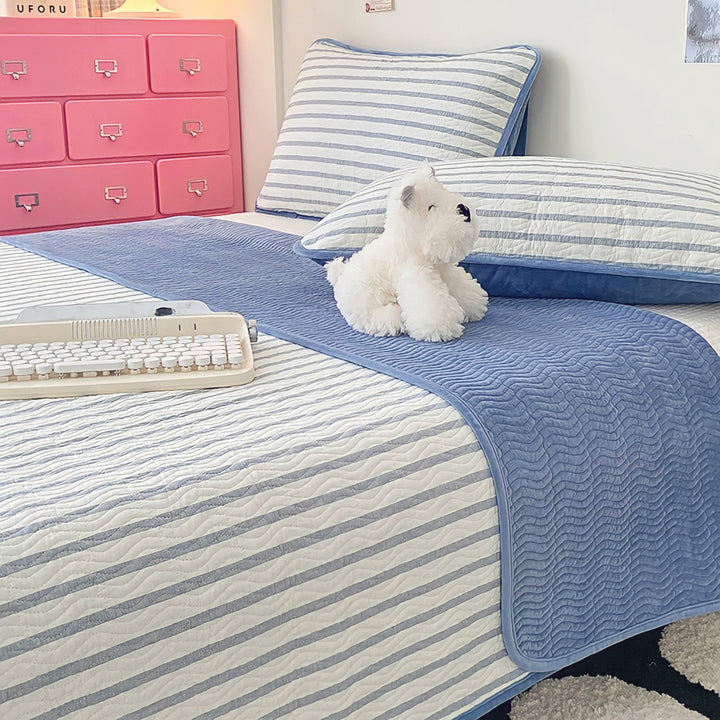 Cotton fleece reversible quilting "blue white stripes"