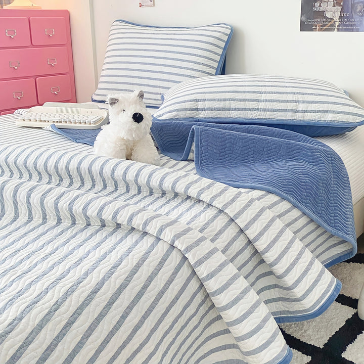 Cotton fleece reversible quilting "blue white stripes"