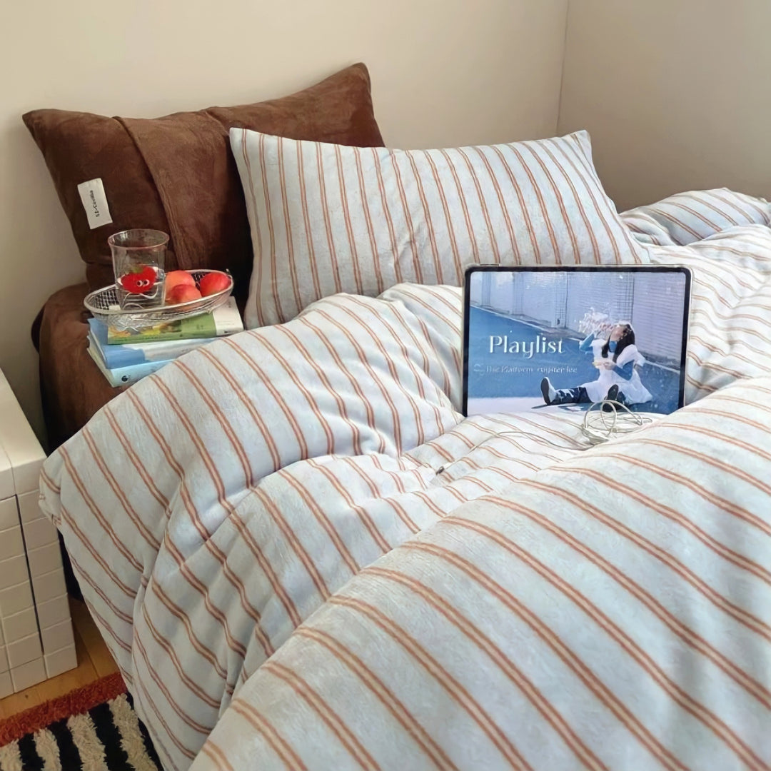 ストライプミルクフリース寝具セット　ブルー