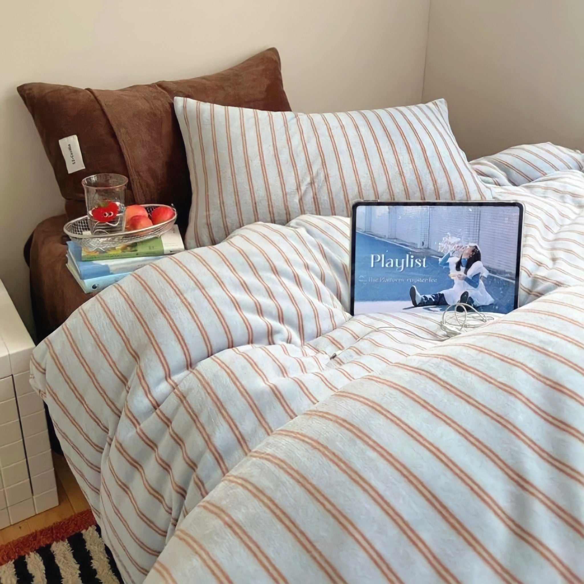 ストライプミルクフリース寝具セット　ブルー