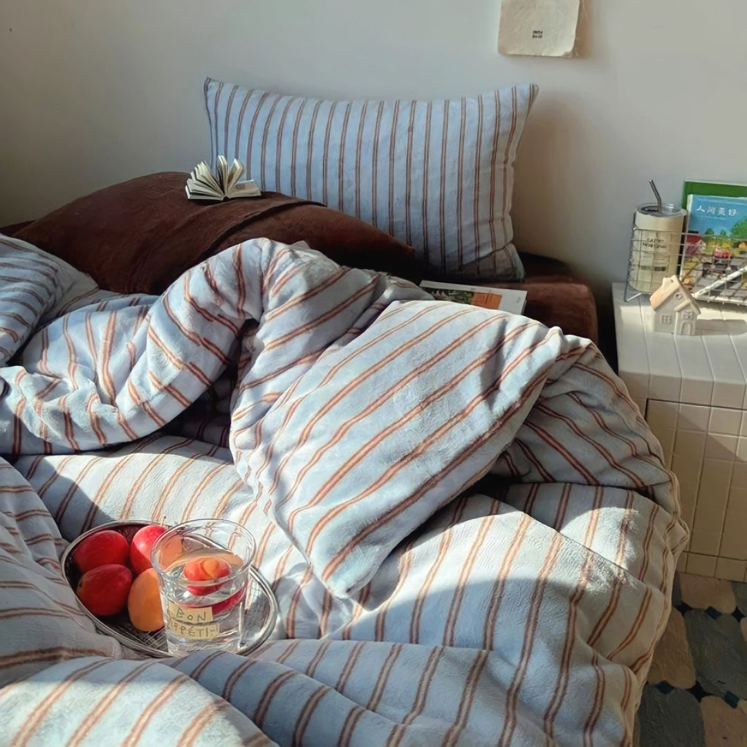 ストライプミルクフリース寝具セット　ブルー