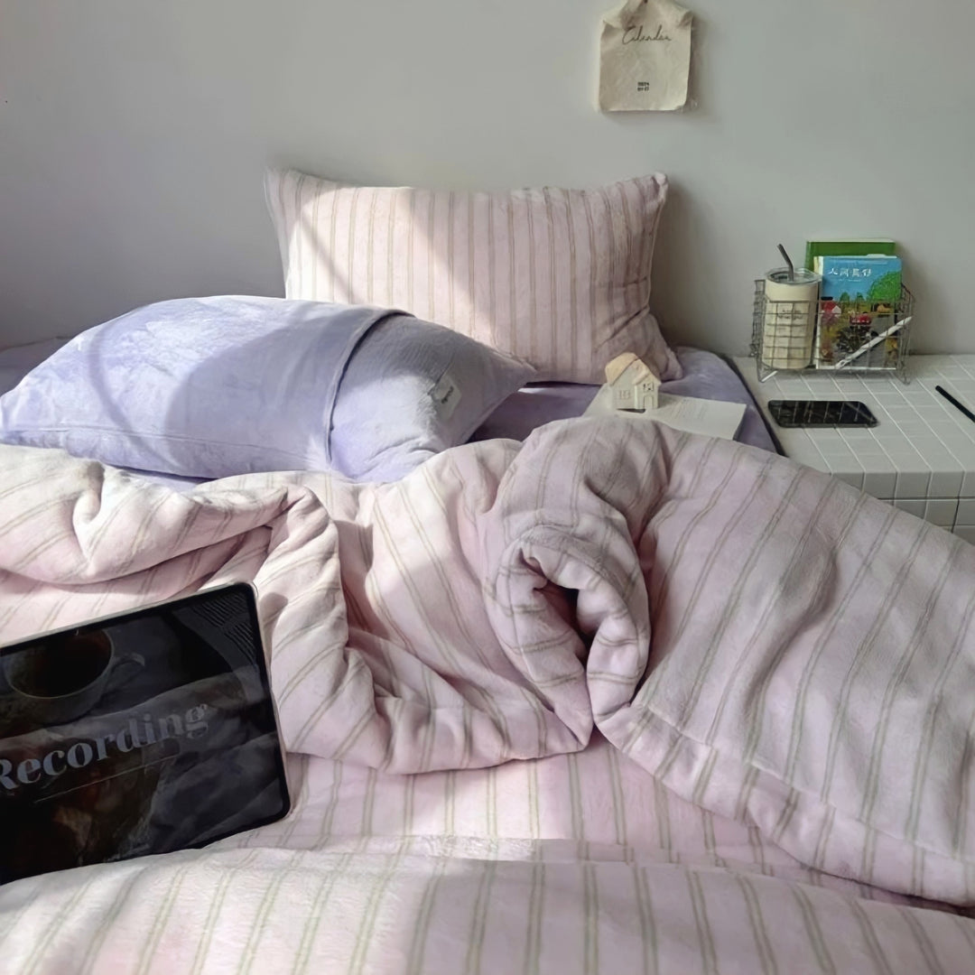 ストライプミルクフリース寝具セット　ピンク