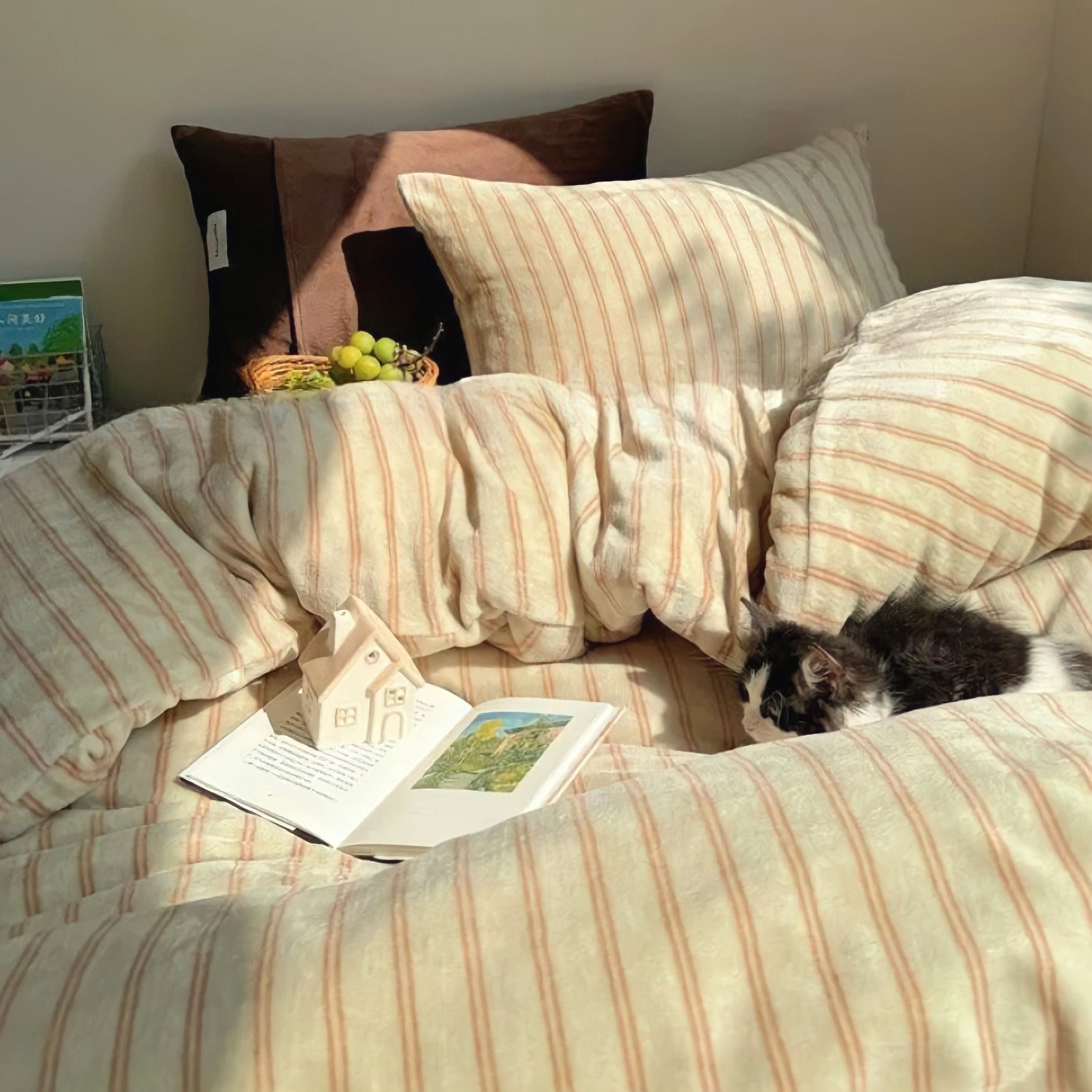 ストライプミルクフリース寝具セット　キャメル