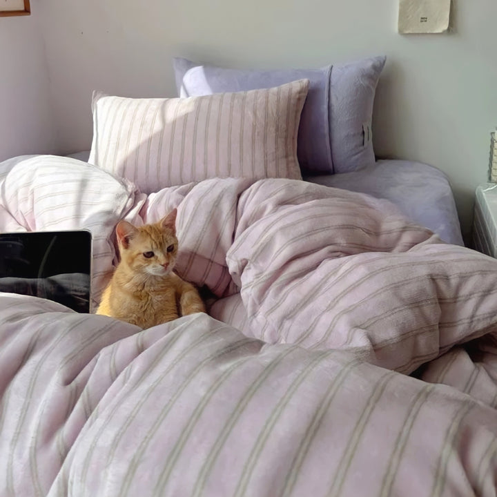 ストライプミルクフリース寝具セット　ピンク